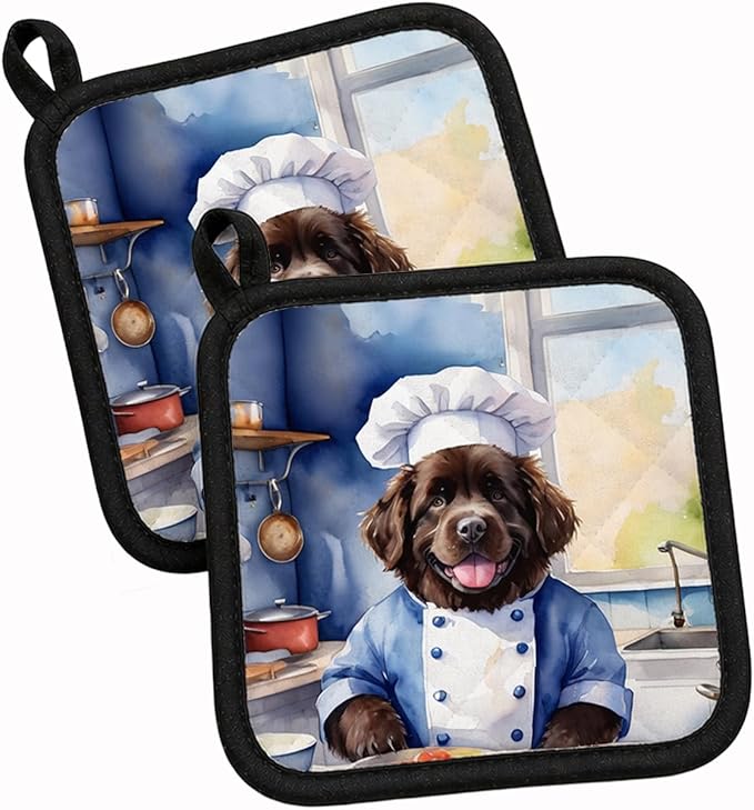 Caroline's Treasures Newfoundland The Chef Pair of Pot Holders Kitchen Heat Resistant Pot Holders Sets Oven Hot Pads for Cooking Baking BBQ, 7 1/2 x 7 1/2
