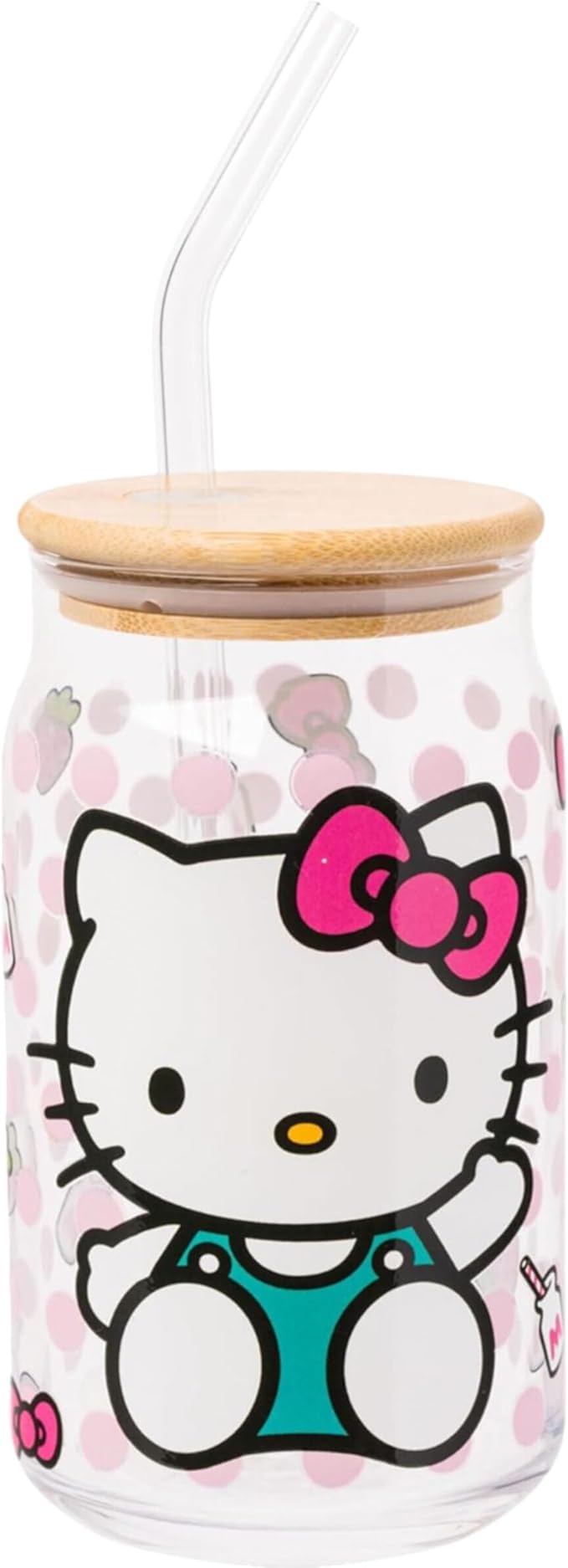 Silver Buffalo Sanrio Hello Kitty Strawberry Milk Bow Pink Polka Dot Glass Jar Tumbler with Bamboo Lid and Glass Straw, 16 Ounces (Pack of 12)