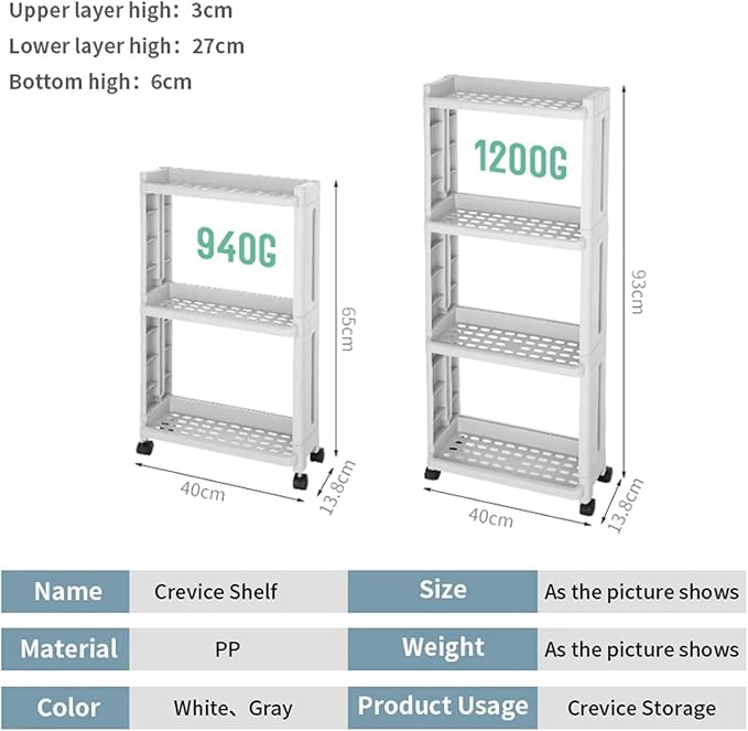 Kitchen Storage Rack Kitchen Storage Rack with Wheels 2/3/4 Layers Narrow Slotted Shelf Fridge Side Shelf Rotatable Kitchen Bathroom Organizer Storage Shelves (Color : 1) (1)