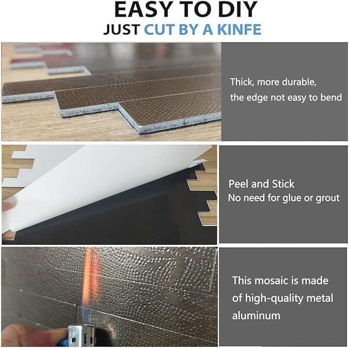 weimeisc 10 Sheets Peel and Stick Backsplash Tile for Kitchen, Self-Adhesive Mosaic Tile, Stick on Bathroom Vanities，Fireplace Décor, Laundry Table (Metal Champagne Wooden Texture)