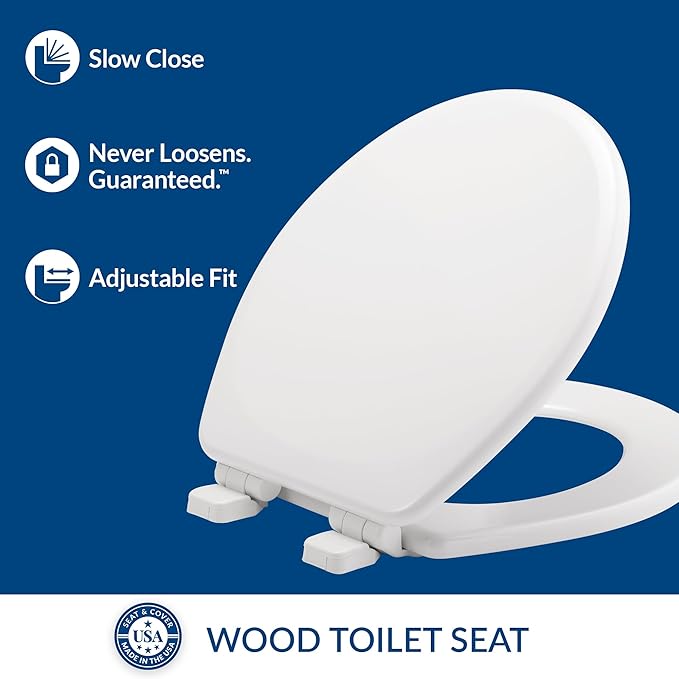 Mayfair Linden Slow Close Toilet Seat, Non Slip Heavy Duty Wood, Easy Install, Made in USA, Round, White, 4 Pack