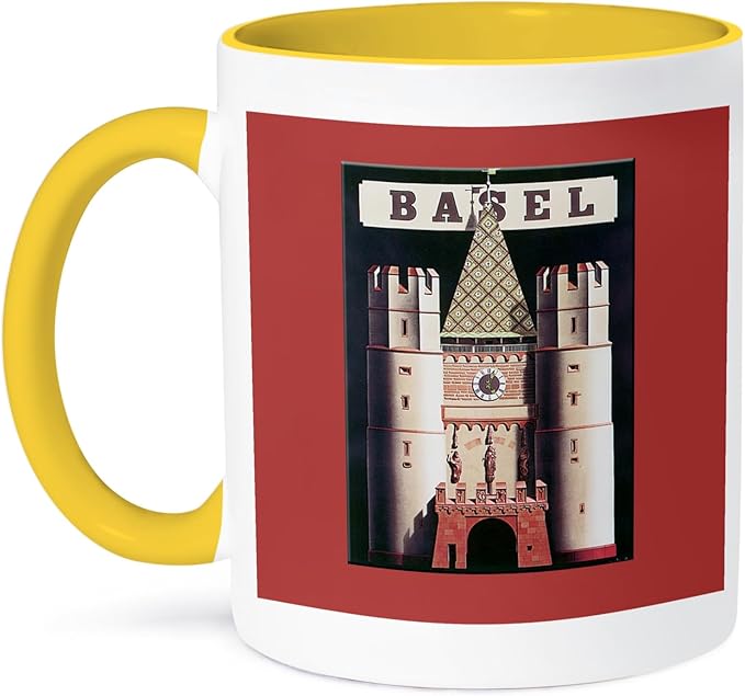 3dRose Basel Luggage Label Reproduction with Castle on Black and Red 15oz Two-Tone Yellow Mug
