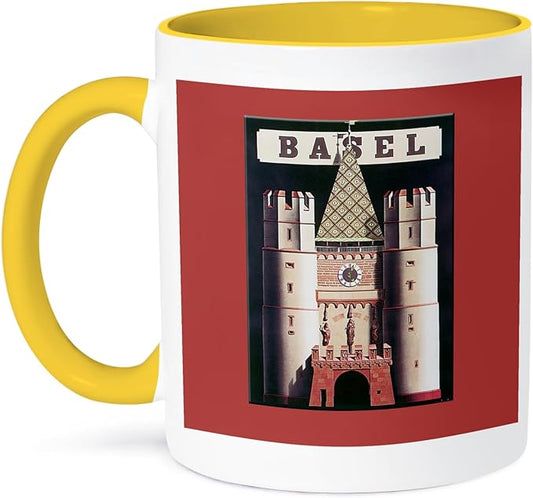 3dRose Basel Luggage Label Reproduction with Castle on Black and Red 15oz Two-Tone Yellow Mug