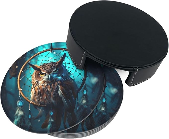Famame 6 Pcs Owl Vintage Dream Catcher Leather Coasters for Drinks with Holder Coaster Sets Drink Table Cup Coasters for Living Room Kitchen Coffee Decor