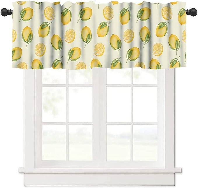 Watercolor Lemon Window Valance, Sweet Yellow Fruit Juicy Kitchen Short Rod Pocket Drapes for Dining Bedroom Living Room Cafe Resturant Home Decor, 54x18Inch