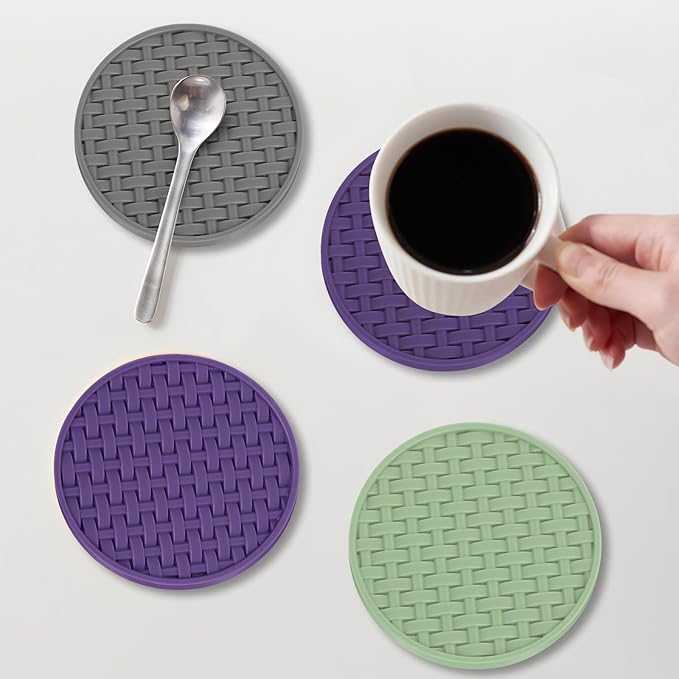 Purple Silicone Coasters with Holder, 4 Inch Non-Slip Decorative Drink Coasters, Heat-Resistant & Waterproof Round Cup Mats Set of 6 for Home, Office, Kitchen, Bar & Table - Housewarming Gift