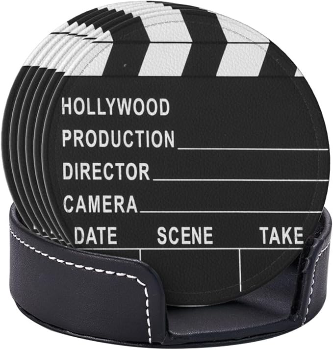 Movie Cinema Lapper Board Leather Drinks Coasters with Holder, Set of 6, Suitable for Various Cups