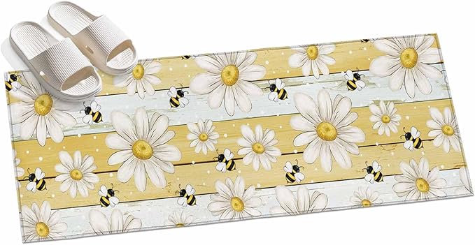 Runner Rug for Bedroom Hallway, Summer Rustic Daisy Flower Bee Kitchen Runner Rugs Area Rug 2x6ft, Blossom Floral Yellow Wooden Washable Soft Floor Carpet for Entryway Stair