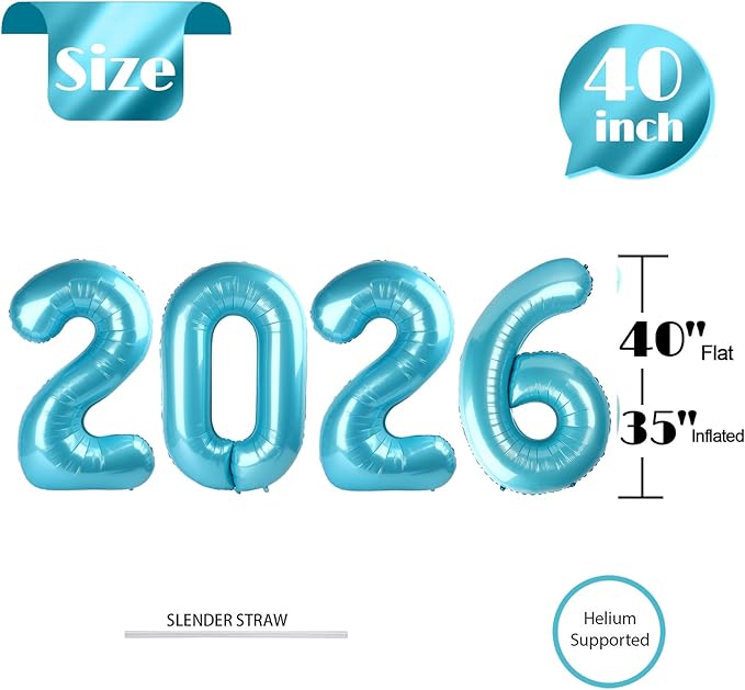 2026 Balloon Numbers - 40 Inch Pearlescent Blue New Years Eve Party Supplies 2026, Nye Decor Party Decorations Happy New Year, New Years Eve Foil Party Balloons, Graduation Party Decorations