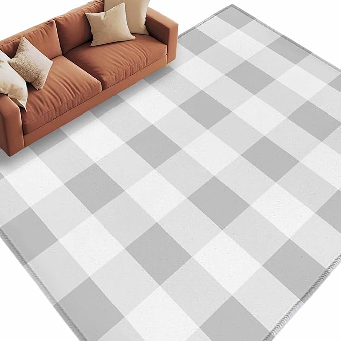Area Rug 6x9ft, Light Grey White Plaid Washable Rugs for Living Room Bedroom, Farmhouse Decoration Buffalo Check Soft Non-Slip Area Rugs Rectangle Floor Carpet for Dining Room