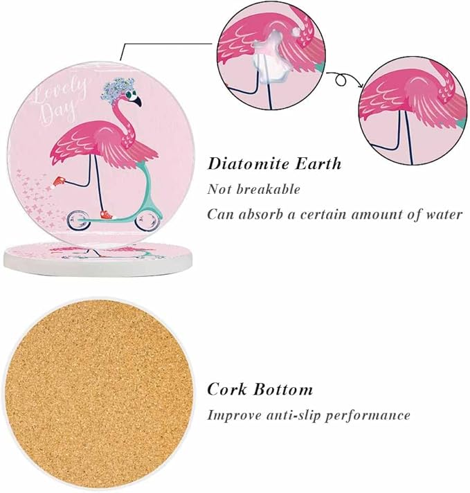 Cute Flamingo with Sunglasses Coasters for Drinks Coasters for Table Ceramic Absorb Stone Coasters with Coffee Table Cork Base for Home Decor 2 Pcs