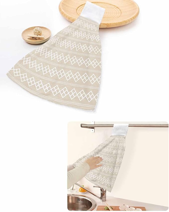 Alandar Home Kitchen Tie Towel Set of 2, Modern Dotted Line Square on Beige Absorbent Soft Hand Towels for Bathroom Hanging Towels, Abstract Geometric Texture Fast Drying Cleaning Cloth with Loop