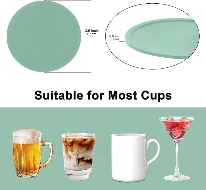 Silicone Coasters Set of 12 with Holder,Heat Resistant Cup Mat Tabletop Protection,Coasters Set for Outdoor & Indoor Drinks - Anti Stain & Heat Resistant,Washable, Heat Resistant, Non-Slip(Green)