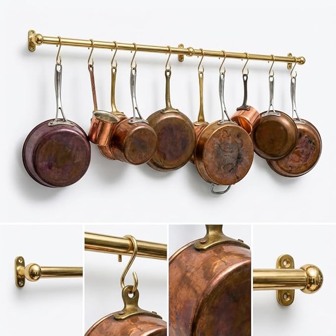 Solid Unlacquered Brass Pot Rail with S Hooks – Wall Mount Kitchen Pot Rack Rod – Vintage Heavy Duty Cookware Organizer for Pots, Pans & Hanging Utensils (40 inch (10 S-Hooks))