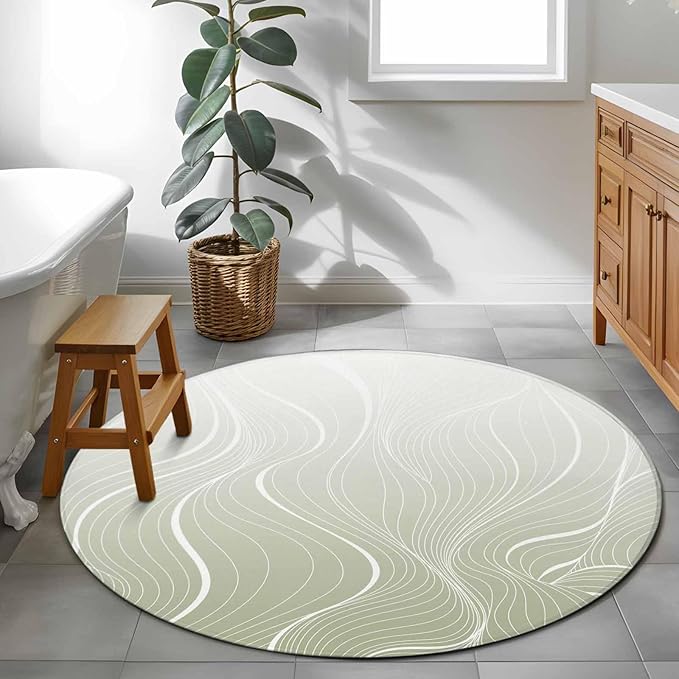 Washable Round Area Rug Sage Green Wavy Gradient Stripes Circle Rugs Floor Carpet for Living Room Bedroom, Geometric Abstract Art Soft Non Slip Round Rug 3ft