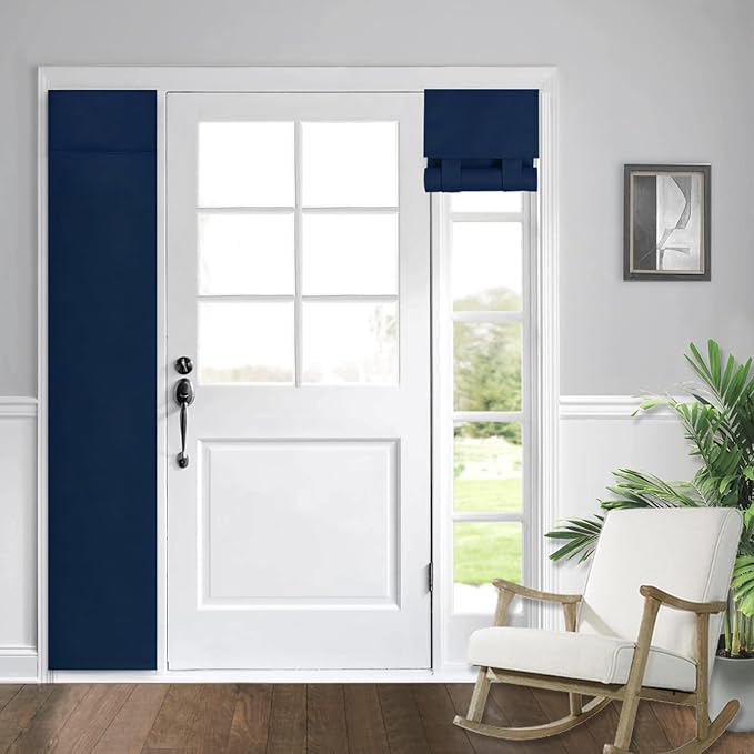 WdFour Solid Color Room Darkening Side Door Curtain - 12W x 80L Inches Navy Blue,Window Covering for Glass Doors, 1 Panel with Tie-Up Shade, Light Filtering Sidelight Curtains for Entryway & Patio