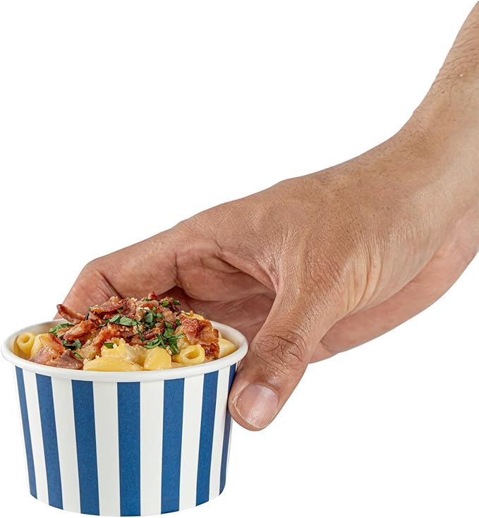 Coppetta 5 Ounce Dessert Cups, 50 Disposable Ice Cream Cups - Lids Sold Separately, Sturdy, Blue And White Paper FroYo Bowls, Striped, For Hot And Cold Foods, Perfect For Gelato - Restaurantware