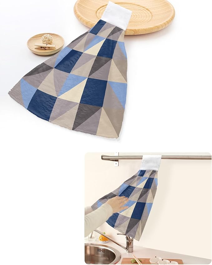 Alandar Home Kitchen Tie Towel Set of 1, Splicing Geometric Art Absorbent Soft Hand Towels for Bathroom Hanging Towels, Blue Grey Khaki Triangle and Square Fast Drying Cleaning Cloth with Loop