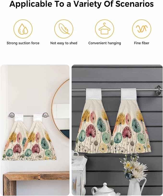 Alandar Home Kitchen Tie Towel Set of 2, Farm Dandelion Plant on Rustic Absorbent Soft Hand Towels for Bathroom Hanging Towels, Watercolor Botanical Fast Drying Cleaning Cloth with Loop