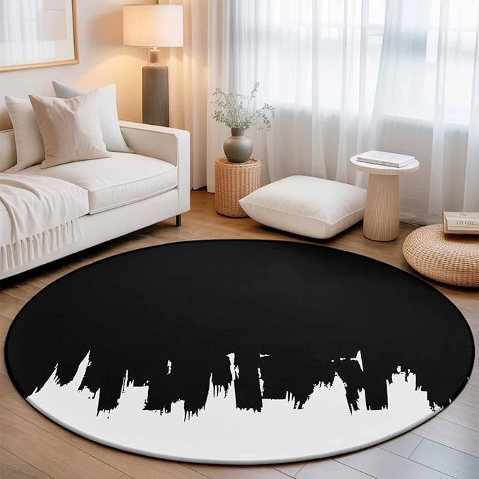 Washable Round Area Rug Abstract Black Graffiti Texture Circle Rugs Floor Carpet for Living Room Bedroom, Modern Minimalist Art Soft Non Slip Round Rug 5ft
