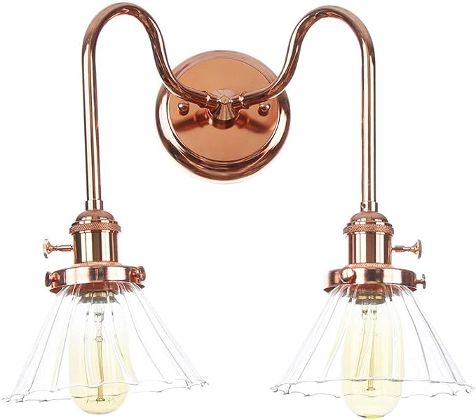 Wall Lamps with Switch, 2-Lights Rose Gold Bathroom Vanity Lights Wall Mounted Lighting Clear Glass Lampshade Wall Sconces(Color:A)