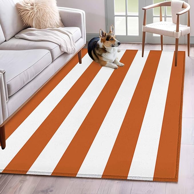 Area Rug 3x5ft, Farmhouse Classic Stripes Washable Rugs for Living Room Bedroom, Orange White Soft Non-Slip Area Rugs Rectangle Floor Carpet for Dining Room