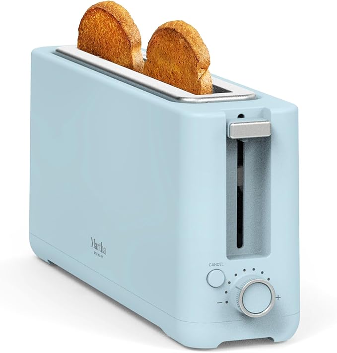 Martha Stewart 2 Slice Long Slot Toaster, Extra Wide for Sourdough & Bagels, 10 Setting Shade Control, Removable Crumb Tray, Self-Centering Design, Defrost/Reheat, Cancel, Slim Space-Saving, Sky Blue