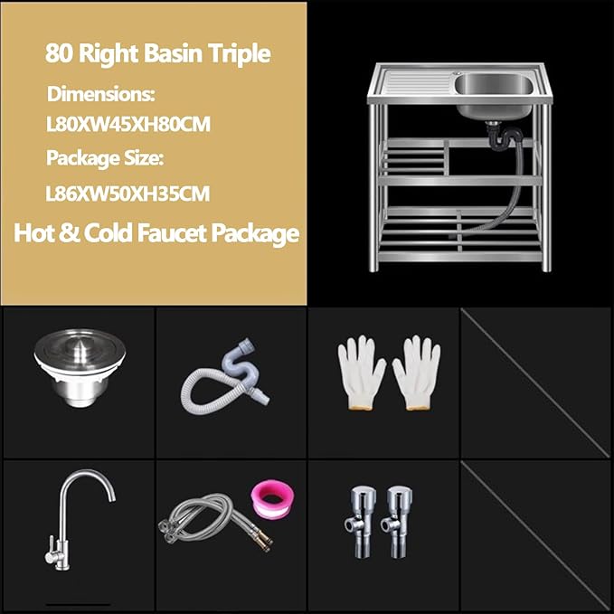 Single Bowl Stainless Steel Sink,Commercial Restaurant Kitchen Sink Drainer Kitchen Restaurant Storage Shelf with Faucet Combo with Strainer for Laundry Garage Commercial Indoor Outdoor