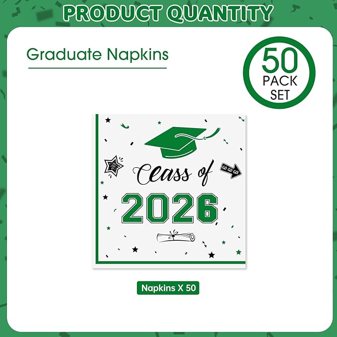 50 Pcs Graduation Napkins Decorations - Green Class of 2026 Congrats GRAD 3-Ply Paper Cocktail Dinner Napkins Set for 2026 Graduation Party Supplies Table Decor Favors, 6.5 x 6.5 Inch