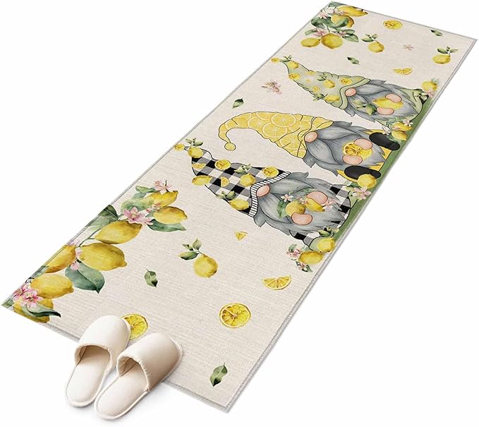 Runner Rug for Bedroom Hallway, Summer Gnome with Lemon Kitchen Runner Rugs Area Rug 2x6ft, Farmhouse Dwarf Fruit on Linen Washable Soft Floor Carpet for Entryway Stair