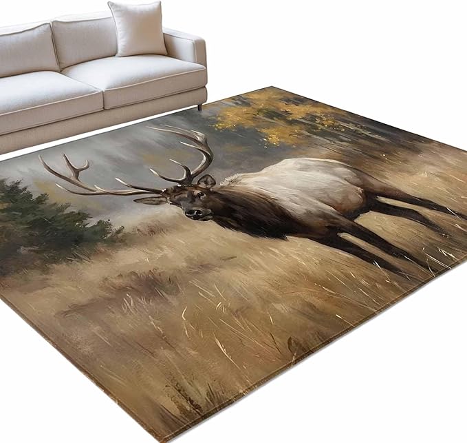 Area Rug 4x6ft, Brown Animals Elk Washable Rugs for Living Room Bedroom, Retro Forest Landscape Soft Non-Slip Area Rugs Rectangle Floor Carpet for Dining Room