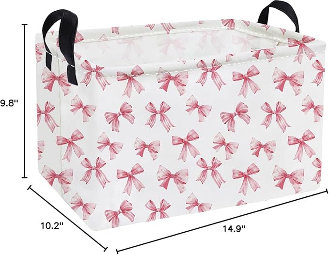 Essme Rectangular Pink Baskets,Girls Storage Box,Cute Basket for Kids with Handles for Room Decor, Book Bins,Shelf Basket.(Pink Bowknot)