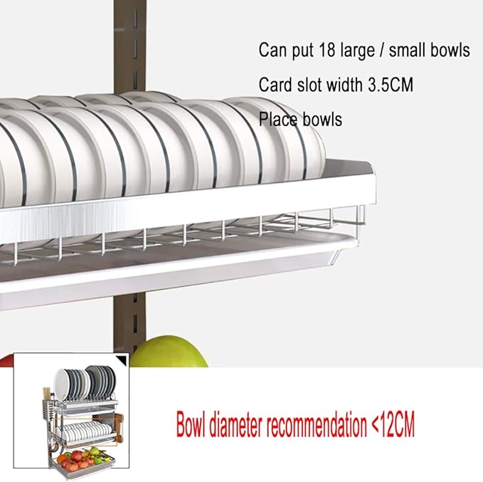 Stainless Steel Dish Rack with Drain Pan - Wall-Mounted 2/3 Layers for Efficient Kitchen Drying and Space-Saving，2 Layer High16in