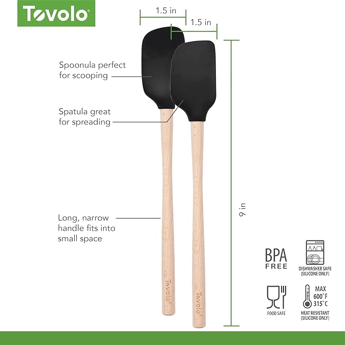 Tovolo Mini Spoon Spatula Wooden Handle Set for Cooking and Baking, Heat Resistant Safe for Cast Iron BPA Free Silicone Mixing Tool Natural Wood Perfect for Scraper Mixing Spooning, Black