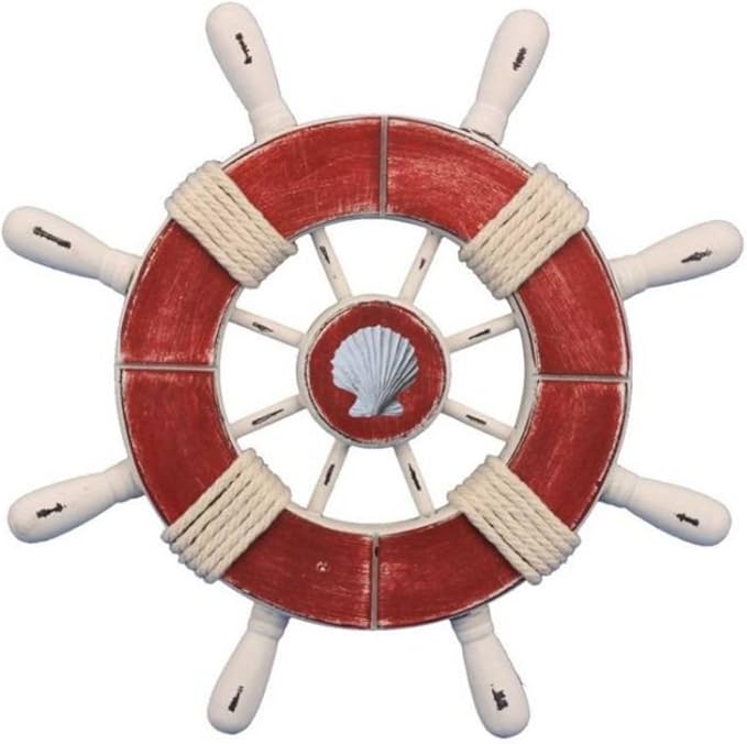 Hampton Nautical Wheel-9-110-seashell Rustic Decorative Ship Wheel with Seashell, 9", Red/White