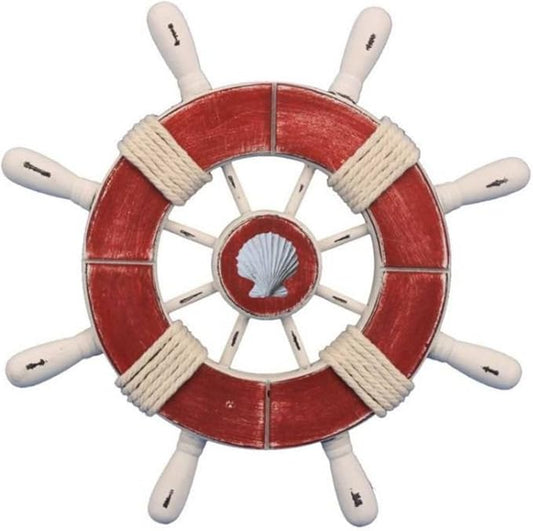 Hampton Nautical Wheel-9-110-seashell Rustic Decorative Ship Wheel with Seashell, 9", Red/White