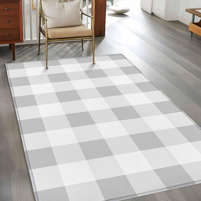 Area Rug 4x6ft, Light Grey White Plaid Washable Rugs for Living Room Bedroom, Farmhouse Decoration Buffalo Check Soft Non-Slip Area Rugs Rectangle Floor Carpet for Dining Room