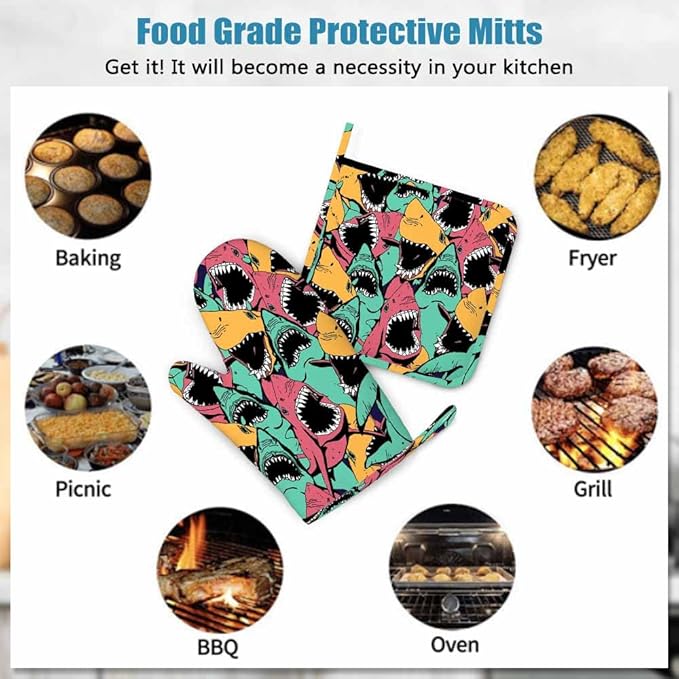 Mxocom Shark Oven Mitts and Pot Holders Sets Sea Ocean Fish Angry Sharks Wide Mouth White Teeth Aqua Silicone Heat Resistant Kitchen Oven Gloves Pot Holder for Cooking