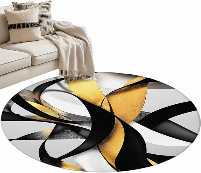 Washable Round Area Rug Modern Geometric Stripe Texture Circle Rugs Floor Carpet for Living Room Bedroom, Abstract Gold Black White Line Soft Non Slip Round Rug 3ft