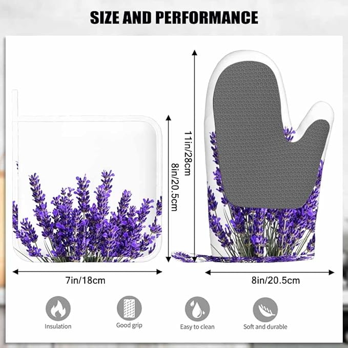 Mxocom Lavender Flowers Oven Mitts and Pot Holders Sets Purple Blooming Flower Silicone Heat Resistant Kitchen Oven Gloves Pot Holder for Cooking