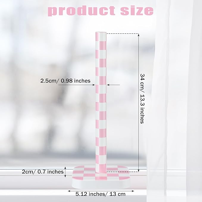 Teenyyou Pink Checkerboard Paper Towel Holder Countertop Wood Standing Paper Roll Holder with Anti Skid Base Pink Decorative for Kitchen Bathrooms Living Room