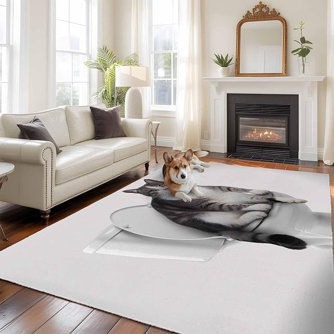 Area Rug 6x9ft, Cute Funny Cat on The Toilet Washable Rugs for Living Room Bedroom, Animal Grey Art Soft Non-Slip Area Rugs Rectangle Floor Carpet for Dining Room