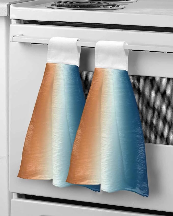 Alandar Home Kitchen Tie Towel Set of 2, Gradient Orange Blue Watercolor Absorbent Soft Hand Towels for Bathroom Hanging Towels, Modern Abstract Style Fast Drying Cleaning Cloth with Loop