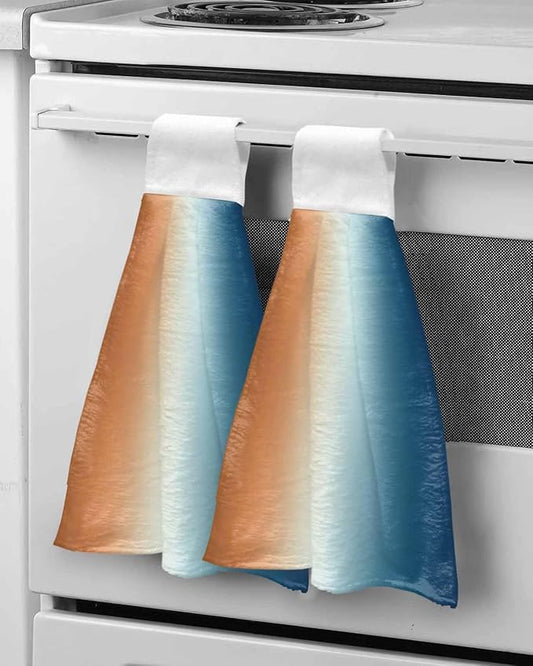 Alandar Home Kitchen Tie Towel Set of 2, Gradient Orange Blue Watercolor Absorbent Soft Hand Towels for Bathroom Hanging Towels, Modern Abstract Style Fast Drying Cleaning Cloth with Loop