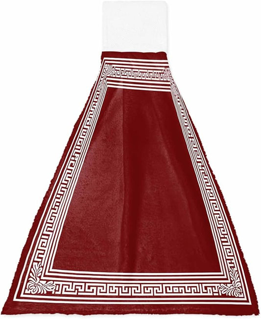 Alandar Home Kitchen Tie Towel Set of 1, Greek Abstract Inspired Key Pattern Absorbent Soft Hand Towels for Bathroom Hanging Towels, Geometric Twist Line on Red Fast Drying Cleaning Cloth with Loop