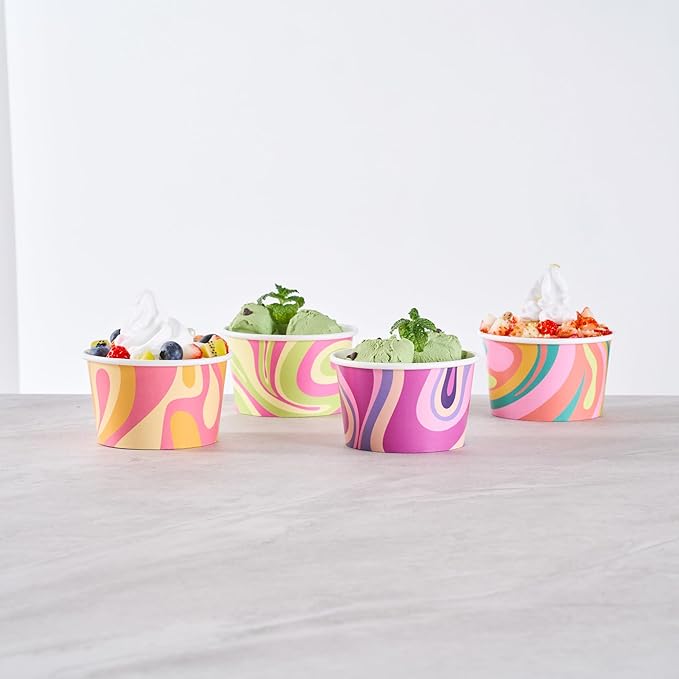 Restaurantware Paper Cups 200 Count 8 Ounce Square Disposable Ice Cream Containers, Leak-Resistant Paper Dessert To Go Cups, Hot And Cold Food, Durable Assorted Groove Swirl Design