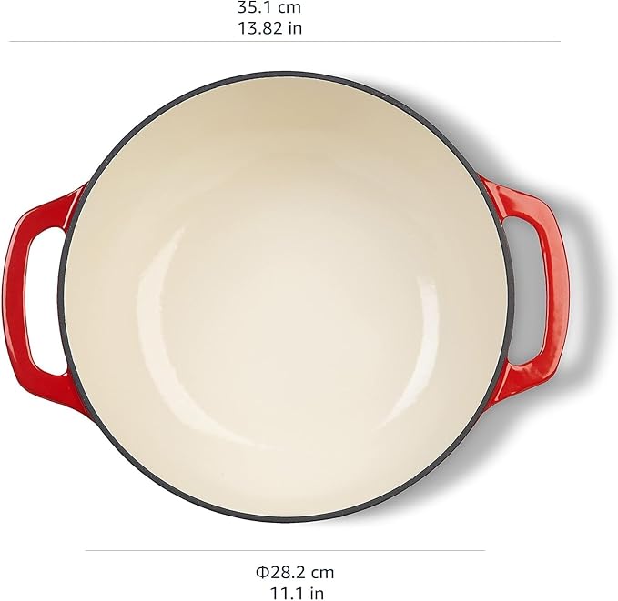 Amazon Basics Enameled Cast Iron Dutch Oven Pot with Lid, Round, Dual Handles, Heavy-Duty, Oven Safe for Stews, Roasting, Baking, 6-Quart, Red