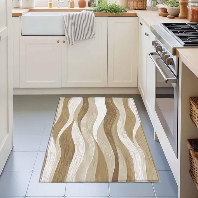 Area Rug 2x3ft, Modern Brown Ombre Ocean Wave Washable Rugs for Living Room Bedroom, Abstract Gradient Stripe Soft Non-Slip Area Rugs Rectangle Floor Carpet for Dining Room