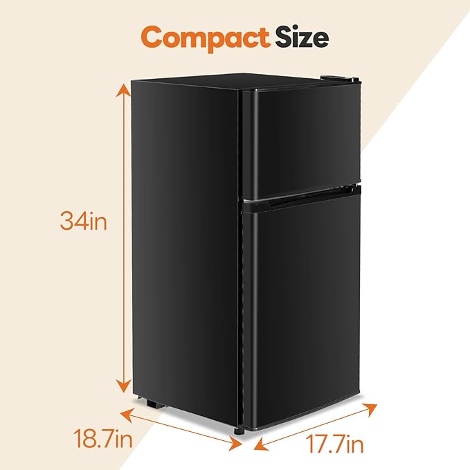 Sweetcrispy 3.2 Cu.Ft Mini Fridge with Freezer, 2 Door Small Refrigerator with Adjustable Thermostat Energy-efficient Low Noise, Compact Fridge for Bedroom, Office, Dorm, Black