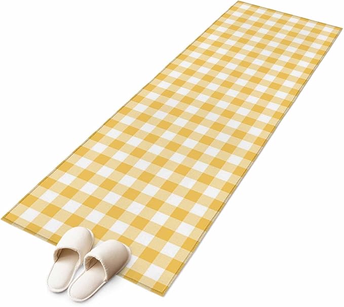 Runner Rug for Bedroom Hallway, Rustic Country Yellow and White Buffalo Lattice Checked Kitchen Runner Rugs Area Rug 2x6ft, Farm Style Washable Soft Floor Carpet for Entryway Stair